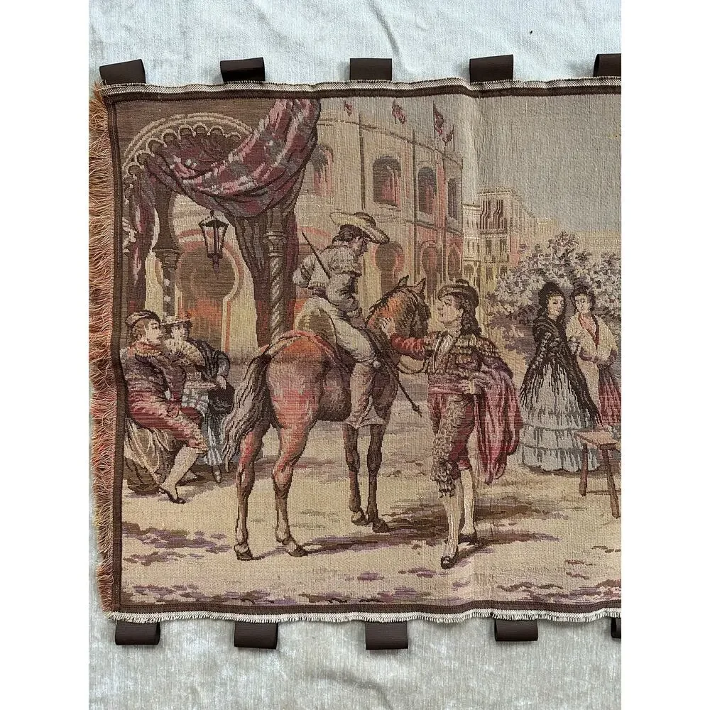 Vintage tapestry Spanish Woven Wall Art Made in Belgium Market Scene 57x20”